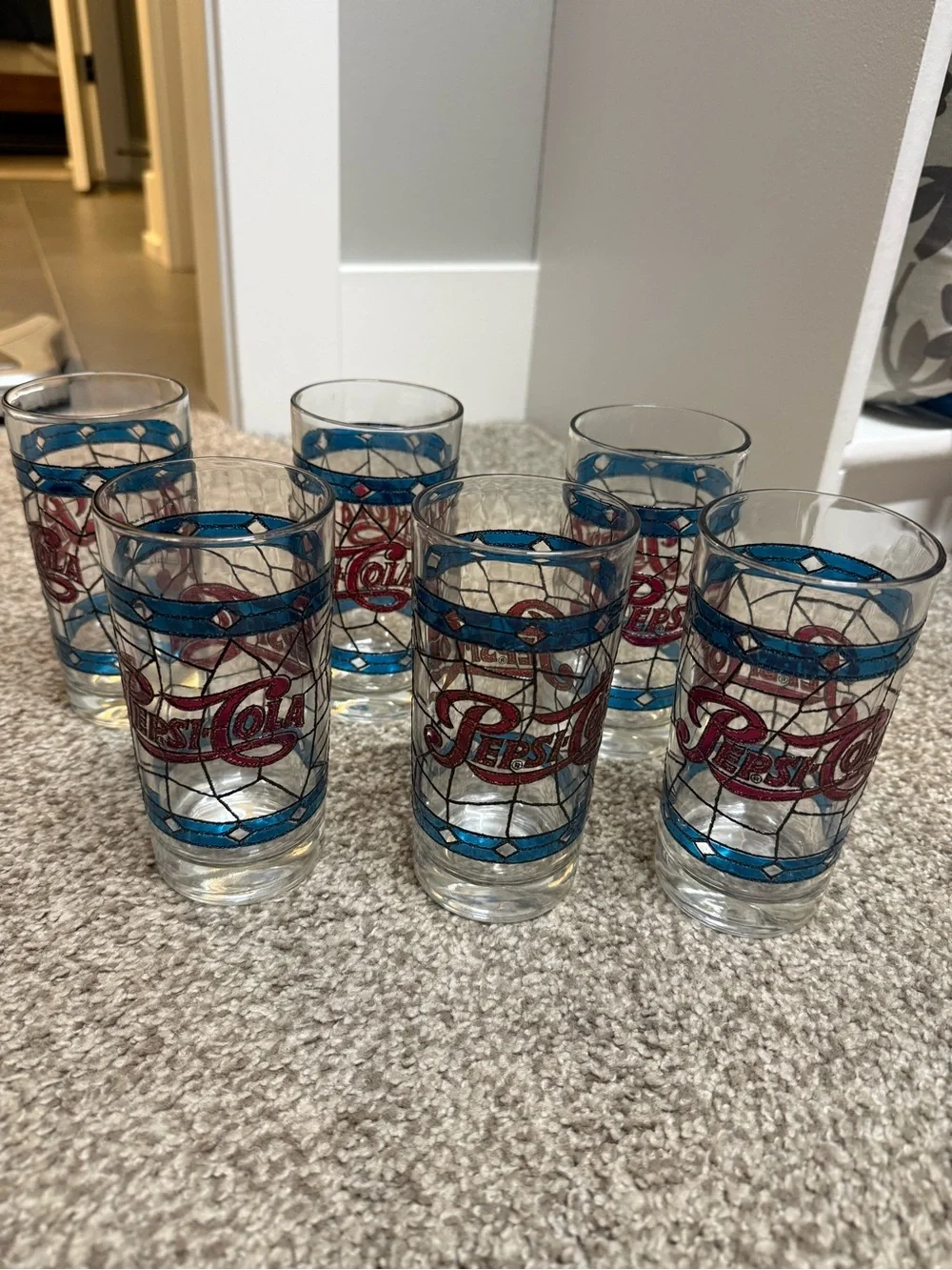 Pepsi-Cola 15 oz Drinking Glasses Set of 6 Blue Stained Glass Vintage Tumblers